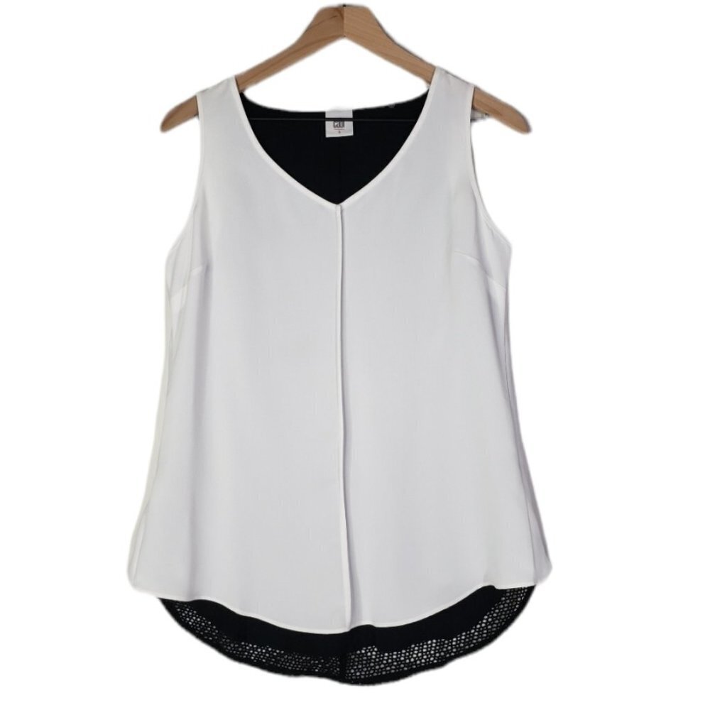 Cabi Domino Sleeveless Blouse S White Crepe Black Mesh Back Top Layered #3076
